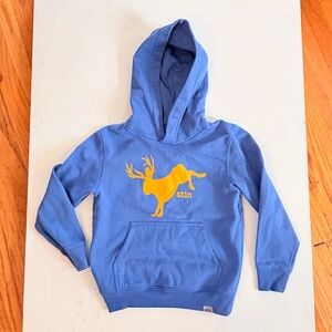 Stio blue fleece hoodie with elk graphic print